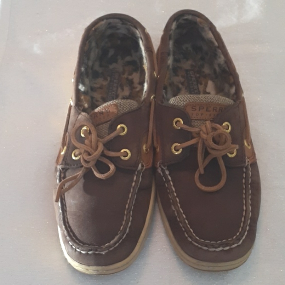 Women's Sperry Topsider leather Cheetah faux fur lined slip on boat shoes 7.5